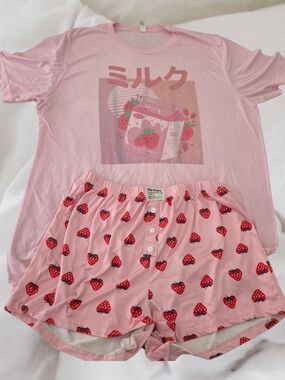 Pink Strawberry Print Womens Pajama Set